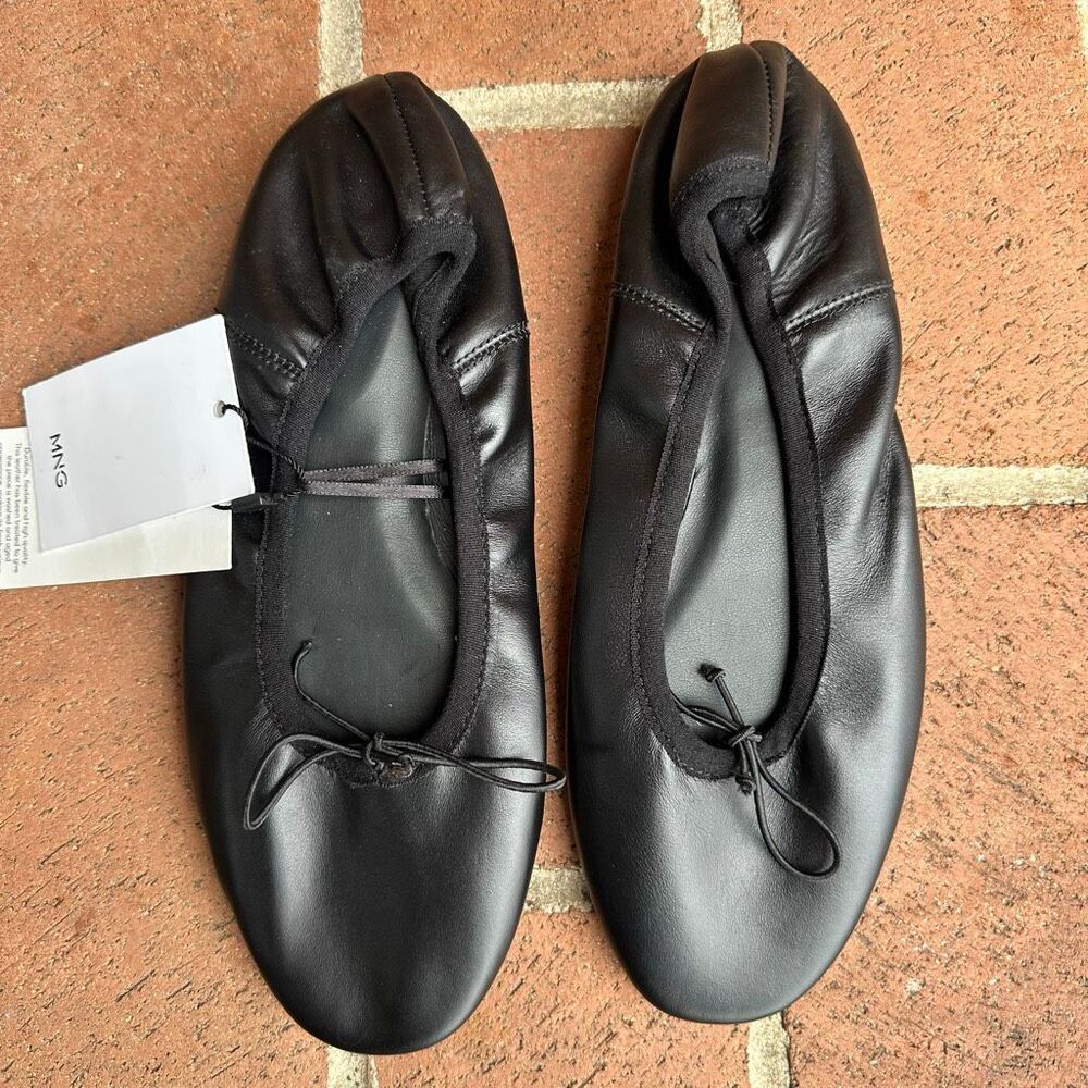 MNG BY MANGO Leather Ballet Flats With Bow Black womens EU 37 US 6.5-7 NEW - Picture 5 of 5